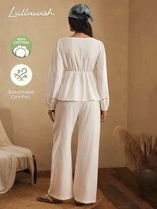 Lullawish Women's Solid Color Contrast Lace Long Sleeve Top And Pants Pajama Set - White - View 2