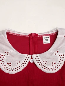 SHEIN 少女對比領紅色燈芯絨荷葉邊收腰A字洋裝 - 紅色 - 查看 7