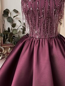 Lovelzi Elegant Romantic Fashion Berry Red Tassel Sequin Lace Patchwork Satin Halter Neck Design Oversized Flare Short Dress Suitable For Homecoming, Prom, Wedding, Party And Other Formal Occasions - Red Violet - View 3