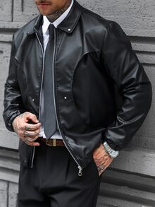 Manfinity CasualCool 男士黑色短版皮夾克，秋冬度假穿搭，父親節禮物... - 黑色 - 查看 3