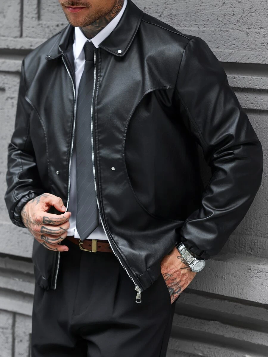 Manfinity CasualCool جاكيت جلد أسود قصير للرجال، خريف وشتاء، عطلة، هدايا عيد الأب ... - الأسود - مشاهدة 1