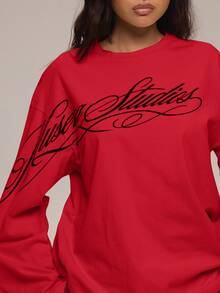 MUSERA 白色圖案 Logo 細節長袖上衣 冬季休閒日常舒適穿搭 女款 - 紅色 - 查看 6