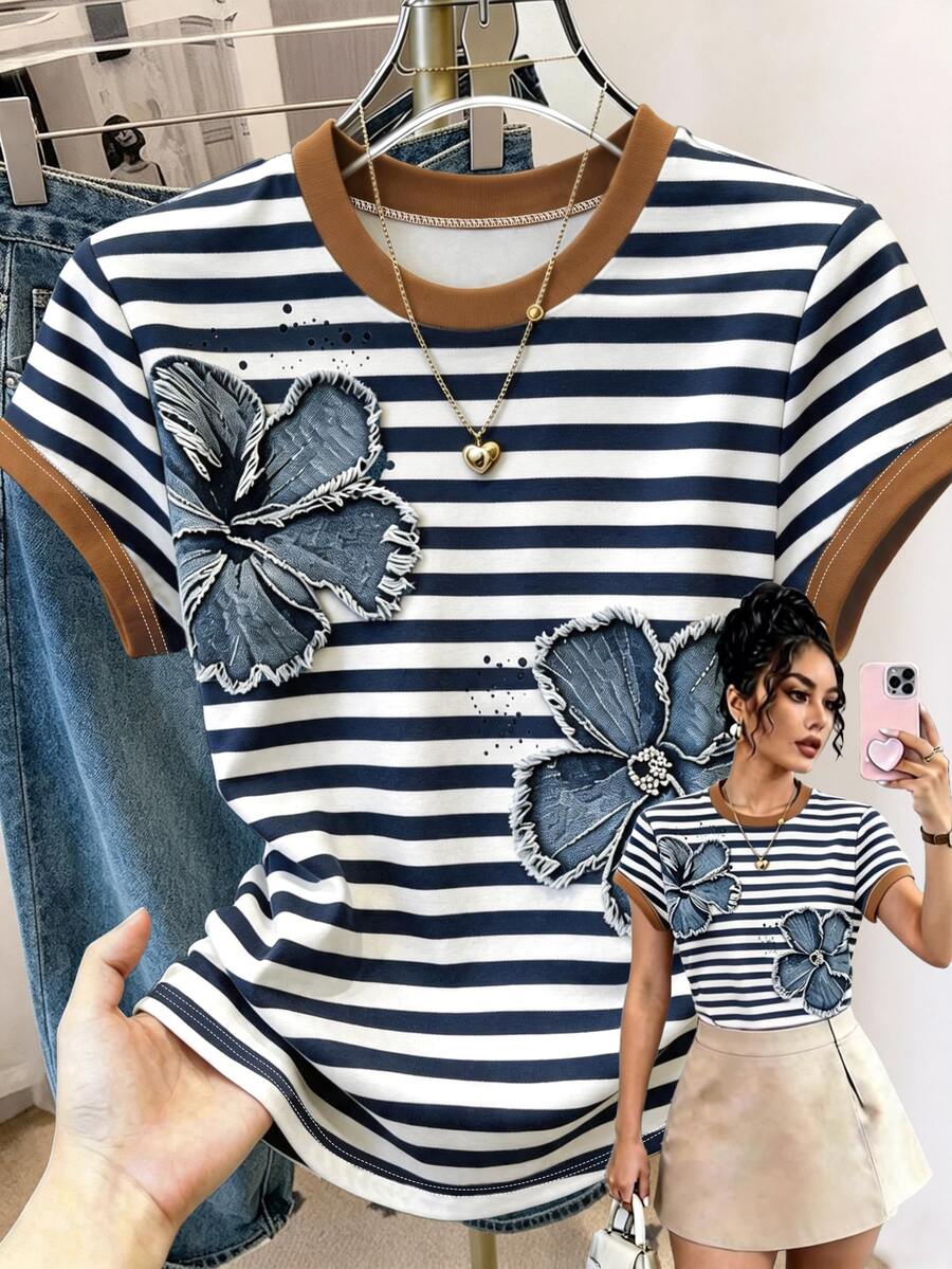 Resyla 女款夏季休閒上衣,收腰 T-shirt,藍色條紋花卉印花圖案,圖形設計,休閒百搭 - 彩色 - 查看 1