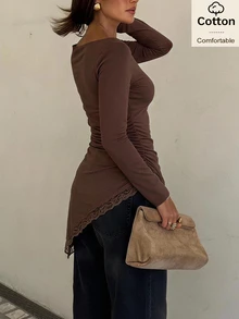 Siren Gaze Kaos Lengan Panjang Slim Fit Katun Wanita Motif Renda Patchwork Warna Cokelat untuk Musim Gugur/Dingin, Formal, Bisnis, Chic, Natal, Tahun Baru, Acara Santai, Peplum A-Line - Coffee Brown - View 4