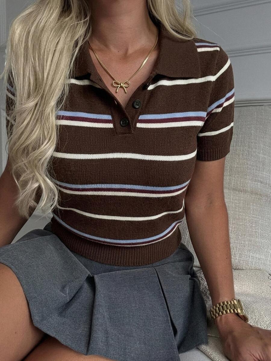 DAZY Women's Striped Fitted Casual Short Sleeve Knit Top - Brown - View 1