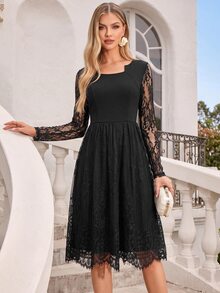 Amorya Women's Lace Patchwork Pleated Casual Party Mid-Length Dress - Black - View 4