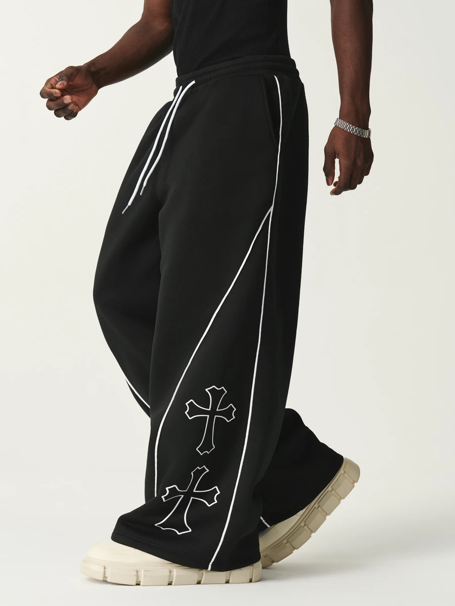 STYNVO Men's Cross Print Drawstring Waist Wide Leg Casual Sweatpants - Black - View 1