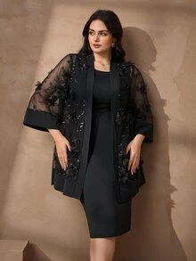 Chikora 大尺碼女款兩件套，夏季優雅白色刺繡開襟襯衫與長裙套裝，休閒與辦公穿著 - 黑色 - 查看 6