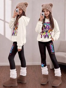 奶油白 Y2K 時尚街頭 K-Pop 韓流女孩賽博霓虹圖案印花 女款休閒舒適寬鬆保暖內裡連帽衛衣 秋冬日常穿著 運動 開學季 外出 街舞 音樂節 復古韓流高街甜酷女孩慵懶時尚少女風 - 彩色 - 查看 3