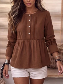Holdful Holdful Women's Fashion Button Half-Placket Pleated Minimalist Shirt - Coffee Brown - View 3