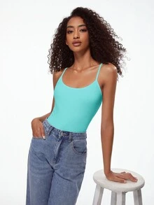 SHEIN BASICS 1件女款純色修身休閒細肩帶背心上衣 白色上衣 - 薄荷綠 - 查看 1