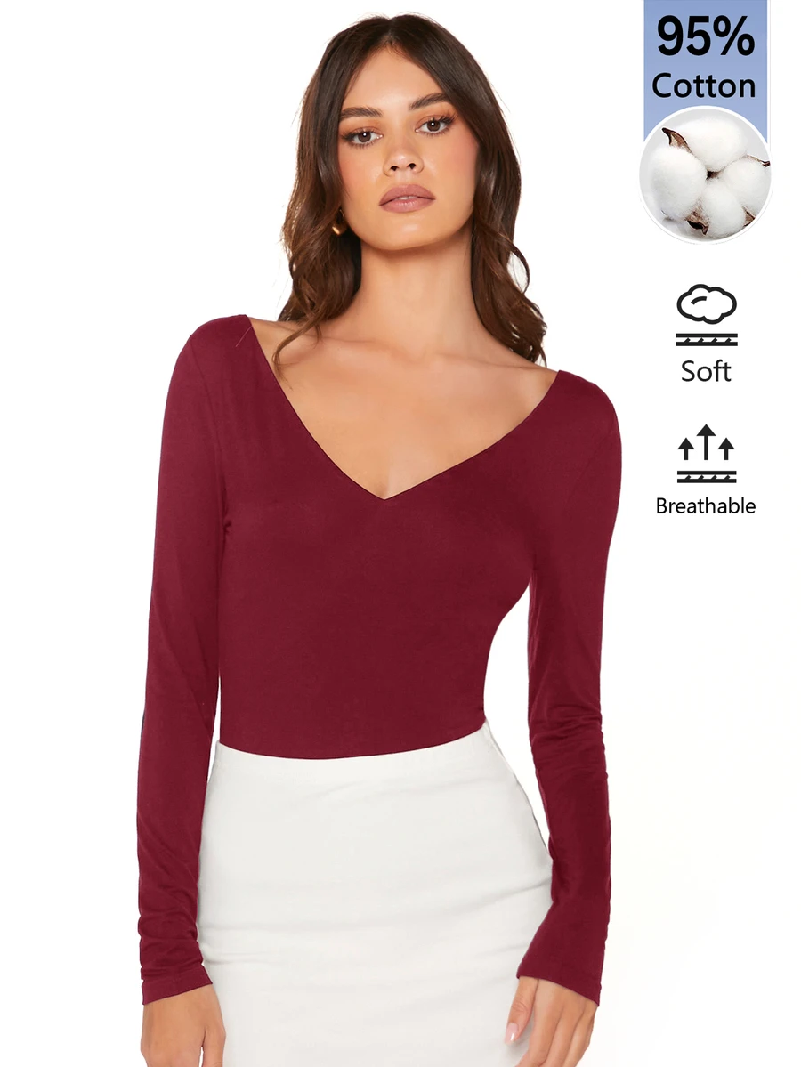 SHEIN BASICS 女款純色極簡長袖T恤,適合日常穿著 - 酒紅色 - 查看 1