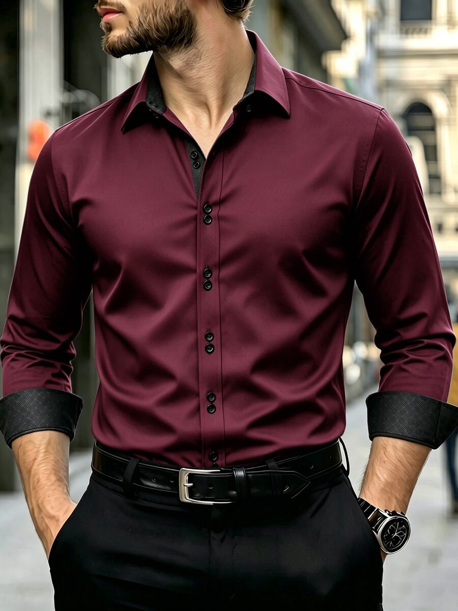 Manfinity Mode Men's Black Long-Sleeve Business-Casual Shirt - Premium Embossed Design - Burgundy - View 1