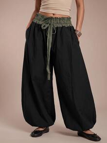 Avantive Women's Plaid Patchwork Drawstring Waist Pocket Loose Long Pants - Black - View 4