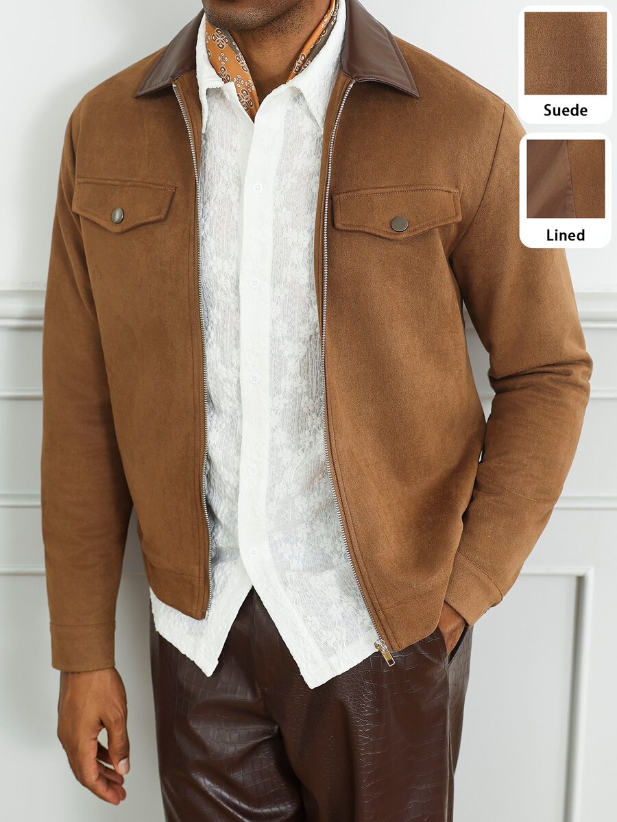 HUEFORM Men's Brown Loose Fit Lapel Collar Jacket With Contrast Collar, Zipper Closure, Single Patch Pocket, Workwear Style, Casual Business Commute Top - Khaki - View 1