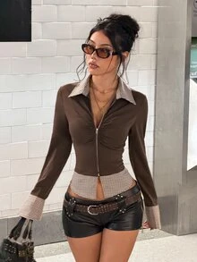 StreetHx 2000s Style Y2K Women's Black Casual Streetwear Plaid Patchwork Fitted Shirt, Autumn/Winter - Khaki - View 1