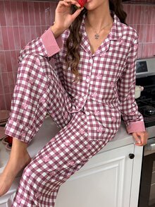 SweetSlumber Plaid Bow Bubble Crinkle Women's Pajama Set - Coffee Brown - View 4