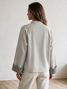 Louniche Women's Plaid Patchwork Casual Versatile Daily Long Sleeve Jacket - Apricot - View 2