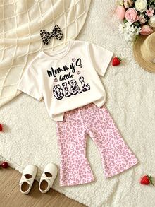 (1 Random Set) Baby Girls Autumn Casual Cute Pink Leopard Print Letter Heart Bow Rabbit Flower Striped Short T-Shirt And Flared Pants - Multicolor - View 6