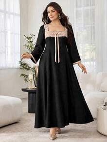 Lacomfia Women's Square Neck Long Sleeve Lace Contrast Color Bow Elegant Design High-End Textured Jacquard Solid Color Autumn/Winter Plus Size Dress - Black - View 3