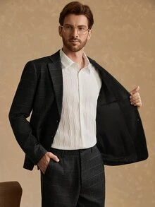 Core Aspect Men's Solid Color Long Sleeve Blazer And Pants Suit Set, Formal - Dark Grey - View 8