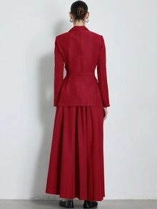 Aveloria Modichic 深紅色繫帶腰西裝外套與裙子套裝，厚實百褶下擺，都市優雅現代通勤風，商務會議、辦公室、晚餐、半正式場合，秋季 - 紅色 - 查看 6