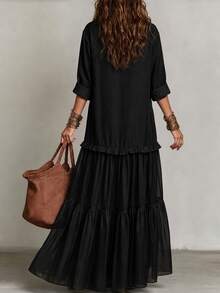 SHEIN Summer New Vintage Lapel Bohemian Contrast Mesh Casual Fashion Maxi Dress - Black - View 2