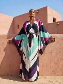 Zivah New Elegant Women's Multi-Color Totem Print Robe-Style Long Cover-Up With Tie, Suitable For Multiple Occasions, Elegant Women's Beach Vacation Versatile Commute - Multicolor - View 8