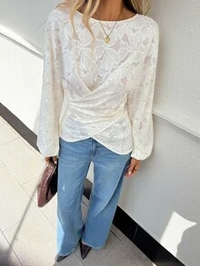 Serisse Women's Sweet Fashion Lace Criss-Cross Pleated Long Sleeve Blouse - Apricot - View 5
