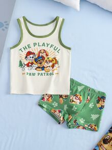 SHEIN | PAW Patrol طقم تانك توب وشورتات بطباعة كرتونية وحروف للأولاد الصغار - اخضر زيتون - مشاهدة 1