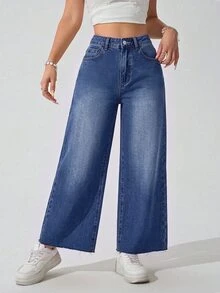 SHEIN ICON 女款大尺碼白色鬆緊腰毛邊直筒牛仔褲 - 藍色 - 查看 5