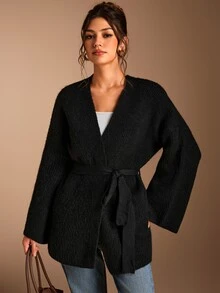 SHEIN BASICS Cardigan Wanita Warna Polos Kasual Serbaguna untuk Pemakaian Sehari-hari - Hitam - View 3