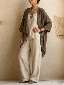 Linhara CURVE Cape-Style Loose Fit 3/4 Wide Sleeve Relaxed Vintage Linen Zen Style Plus Size Jacket - Coffee Brown - View 8