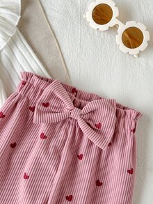 SHEIN Vintaside Kids 3件組女嬰連身衣褲套裝，可愛甜美白色粉色蝴蝶結荷葉邊愛心羅紋長袖圓領秋季套頭公主生日派對髮箍 - 粉色 - 查看 6