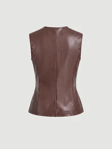 SHEIN MOD Plus size svart höst-väst i PU med asymmetrisk design, metallknappsdekor, pendlarkläder, old money-stil, för ung kvinna, kontorsoutfit - Brun - Visa 2