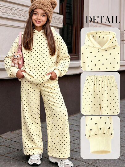 Tween Girls Casual Fashion Retro Polka Dot Hooded Drop Shoulder Loose Sweatshirt & Casual Loose Pants 2 Pieces Set, Fleece Lined, Suitable For Autumn/Winter Daily, Sports, Back To School, Outings, Music Festivals, American Street Style, Sweet Cool Lazy, Relaxed Fashion, Girly Style