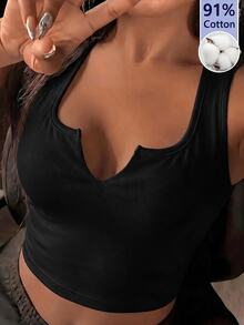 Slaydiva (Premium Fabric Version) - Summer Knitted Fine Ribbed Multi-Functional Sleeveless Cropped Solid Color Notch Neck Tank Top - Black - View 1