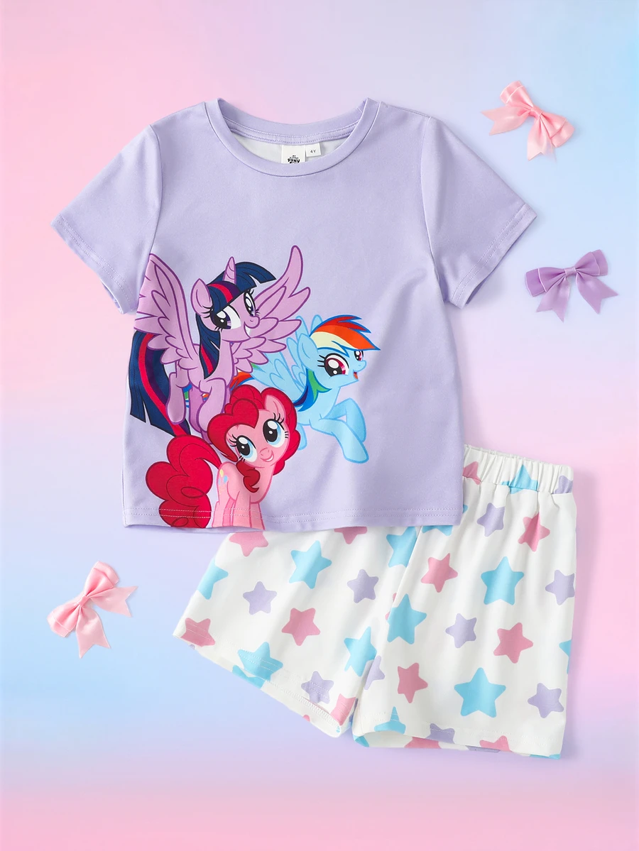 My Little Pony X SHEIN طقم ملابس نوم منزلية كاجوال يومي للبنات الصغيرات بنقشة كرتونية، توب بأكمام قصيرة وشورت - الأرجواني - مشاهدة 1