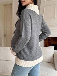 DAZY Patchwork Contrast Color Lapel Long Sleeve Loose Pullover Casual Daily Korean Style Autumn/Winter Thick Knit Sweater Maternity - Grey - View 2