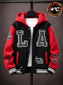 SHEIN 男童秋季抓絨內裡長袖連帽夾克，黑灰拼色連帽抓絨棒球夾克，LA字母印花搭配多款美國標語印花，寬鬆落肩版型，幼兒上學與旅行復古風兒童夾克，校園夾克，戶外夾克 - 紅色 - 查看 3