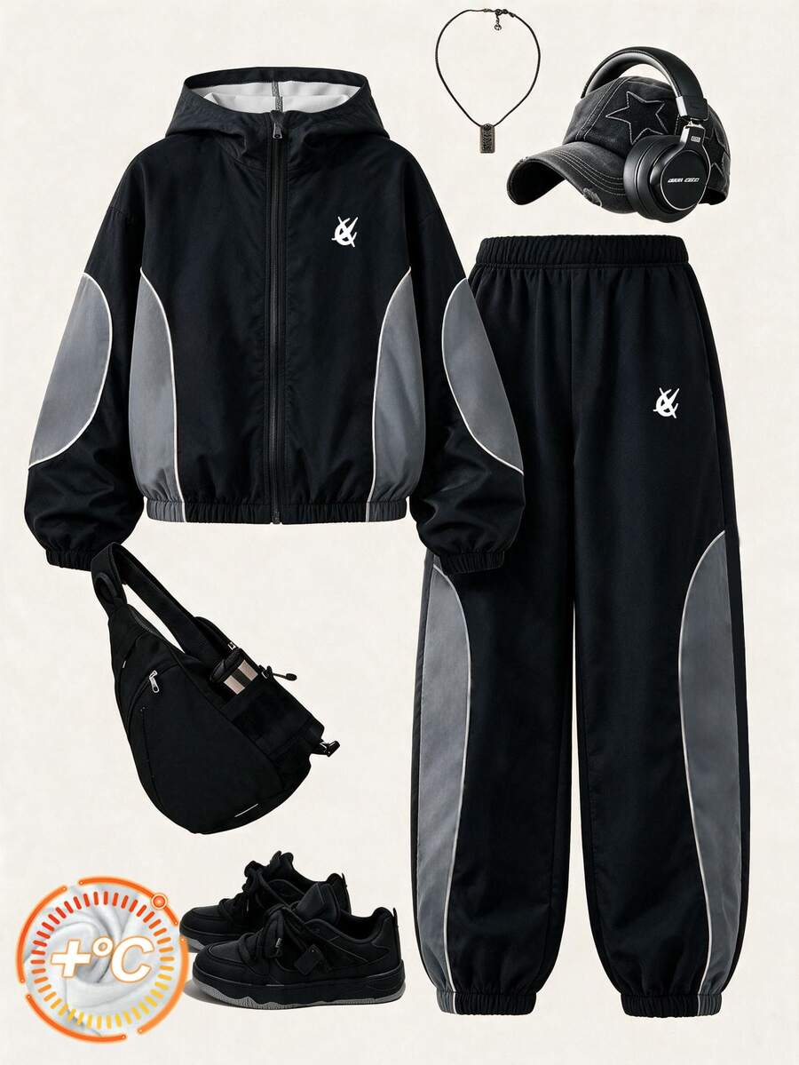 SHEIN 2pcs/Set Young BoyAutumn/Winter Black & Gray Colorblock Hooded Zip-Up Jacket And Tapered Pants, Vintage Sportswear Set - Black - View 1