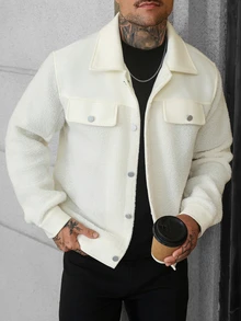 Manfinity CasualCool Men's Patchwork Wool Solid Color Button Long Sleeve Coat, Autumn Clothing, Winter - White - View 3