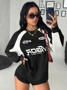 Coolane Women's Fall/Winter Streetwear Casual Sport Going Out Ricing Graphics Color-Blocked Black Round Neck Loose Long Sleeve Pullover Sweatshirt - Black - View 1