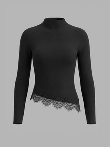 SHEIN Clasi 2pcs Women's Solid Mock-Neck Long-Sleeve Tee With Lace Hem Detail - Multicolor - View 3