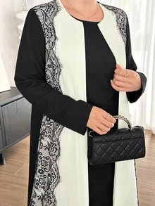 Graceveil Apricot And Black Contrast Wave Eyelash Lace Patchwork Long Cardigan Arabic Loose Long Sleeve Outerwear Robe - Black and White - View 5
