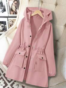 SHEIN Teen Girls Casual Junior Cargo Cute Fashion Daily Fall Hooded Cinched Waist Jacket Pink - Pink - View 1