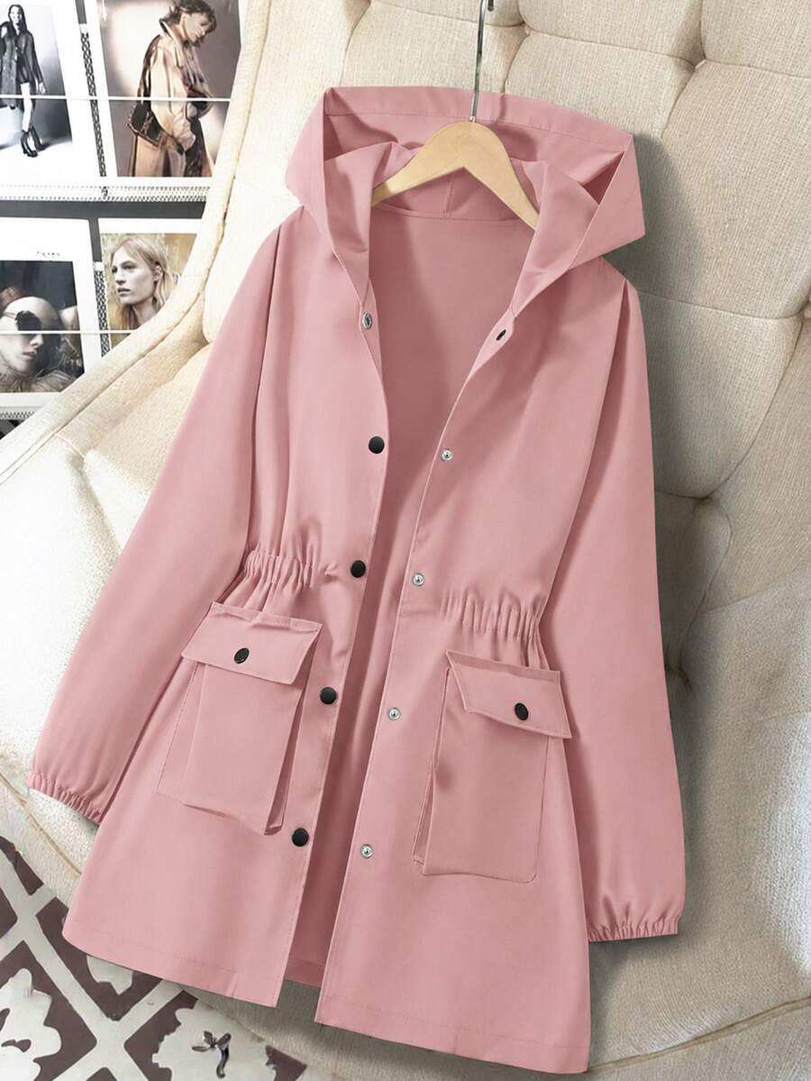 SHEIN Teen Girls Casual Junior Cargo Cute Fashion Daily Fall Hooded Cinched Waist Jacket Pink - Pink - View 1