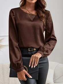EMERY ROSE Women's Elegant Commuter Style Round Neck Long Sleeve Shirt - Brown - View 1