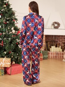 Doze Lane Reindeer Print Plaid Lapel Cardigan Faux Silk Women's Long Sleeve Pajama Set - Navy Blue - View 2