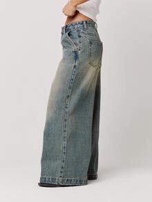 Musera Petite Wash Vintage Denim Baggy Oversized Knee Darts Jeans Autumn Winter Back To School Daily Everyday - Blue - View 5
